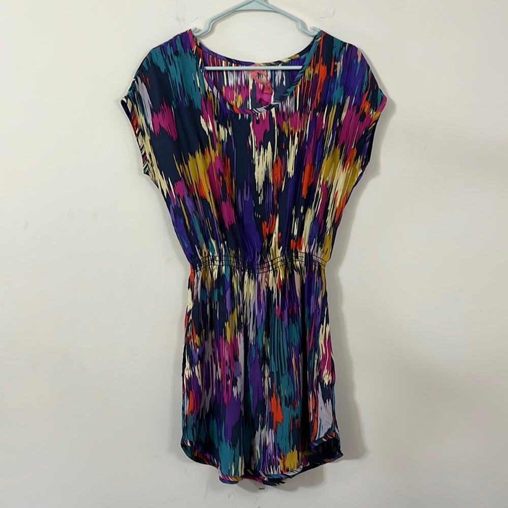 Eight Sixty 100% Silk Cap Sleeve Multicolored Cinched Waist Mini Dress M - Picture 1 of 7